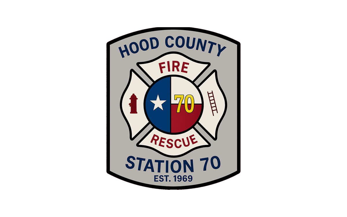 A badge-shaped logo for Hood County Fire Rescue Station 70, established 1969, featuring a Texas flag emblem, the number 70, a fire hydrant, and a ladder.
